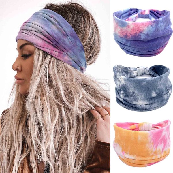 Olbye Wide Headbands Women Knotted Headband Tie Dye Elastic Head Bands Turban Headwraps Nonslip Workout Hair Bands Yoga Sweatbands Boho Hair Accessories for Women 3Pcs (Tie Dye B)