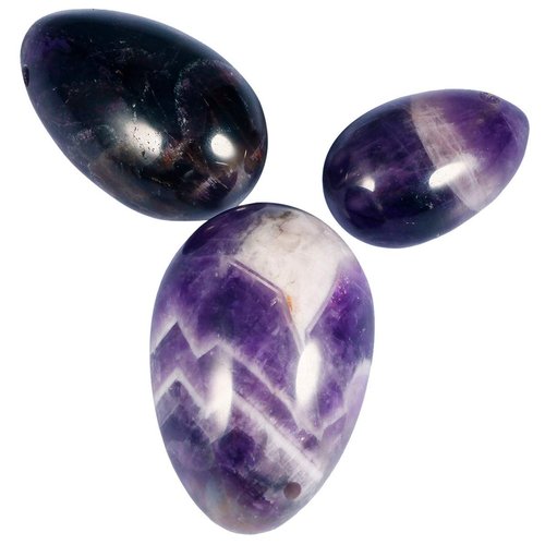 mookaitedecor Amethyst Yoni Eggs Set of 3, Predrilled with Unwaxed String, Massage Stones for Women to Strengthen Pelvic Floor Muscles with Velvet Pouch