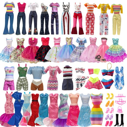 29 Pieces Doll Clothes and Accessories for 11.5 Inch Girl Dolls Outfit Including 5 Tops,5 Pants,3 Dresses,2 Fashionable Dresses,2 Swimwear,6 Pairs of Shoes, 1 Bag, 5 Hangers