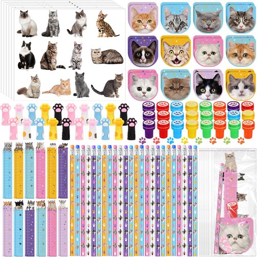 PerKoop 168 Pcs Cat Party Favors Set Cat Pencil Mini Notebook Sticker Stamp Stationery Cat Themed Party Favor for Kitten Animal Birthday Decorations Party Supplies Gift Prize Goody Bag Piñata Stuffer