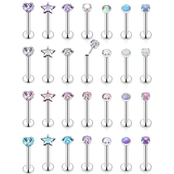 Vsnnsns 20G Threadless Push in Lip Rings Stainless Steel Labret Jewelry Monroe Nail Cartilage Tragus Helix Earrings Studs Nose Ring Medusa Piercing Jewelry For Women Men 20 Gauge CZ Opal 6MM Length