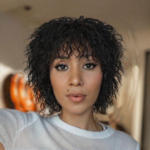 Fancy Hair Short Curly Wig with Bangs Glueless BeBe Curly Wigs Synthetic Afro Kinky Curly Wig for Black Women Men