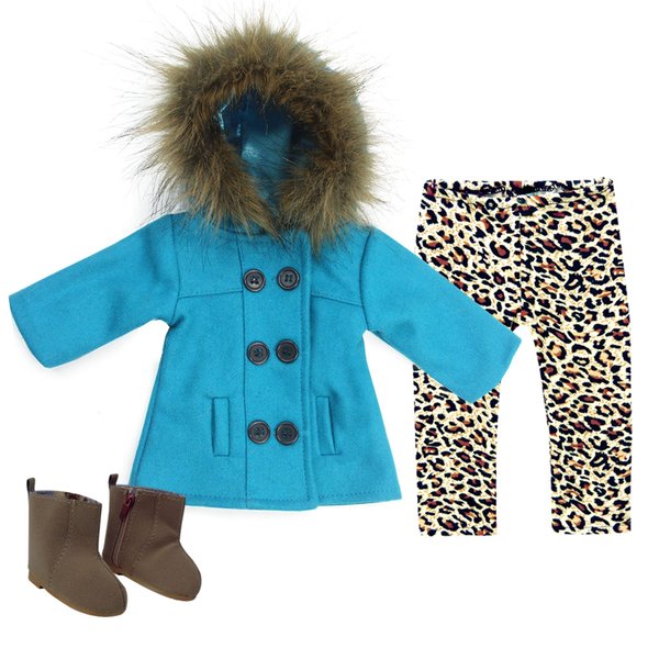 Sophia's 3 Piece Winter Set Includes Fur Trimmed Pea Coat, Animal Print Leggings and Ankle Boots for 18 Inch Dolls, Turquoise/Brown