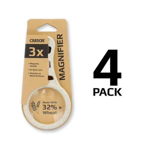 4 Pack Carson MagnetMag Wheat Magnifier - Organic Handheld Magnifier with 3X Magnification, 6X Spot Lens and Magnetic Handle Made from Real Wheat - Magnifying Glasses Set (DX-50EF)