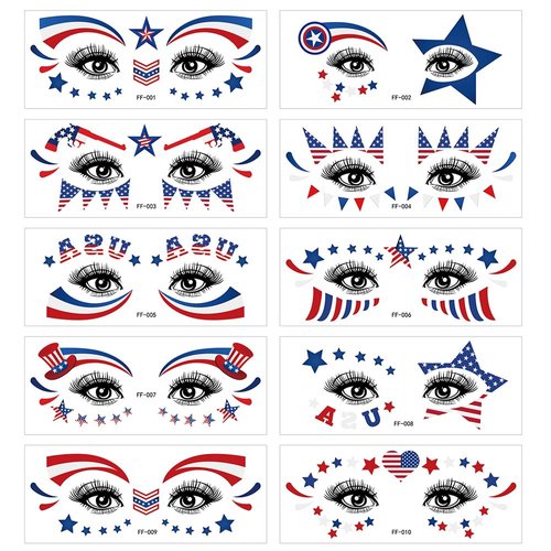 GeRRiT 4th of July Temporary Tattoos 10 Sheets Independence Day Face Tattoos Red White Blue Flag Star Design for Memorial Day Labor Day Decoration Patriotic Party Supplies Body Face Tattoo Stickers