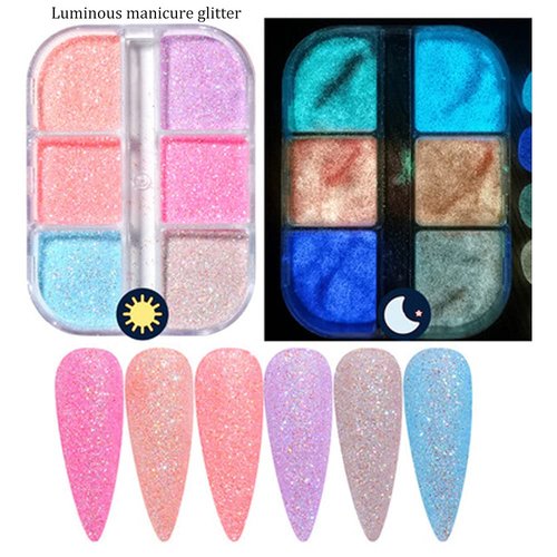 6 Grids Night Pigment Ultrafine Glitter Glow Luminous Mermaid Powder Nail Art Dust Luminous Decor Sugar Coating Glow in The Dark