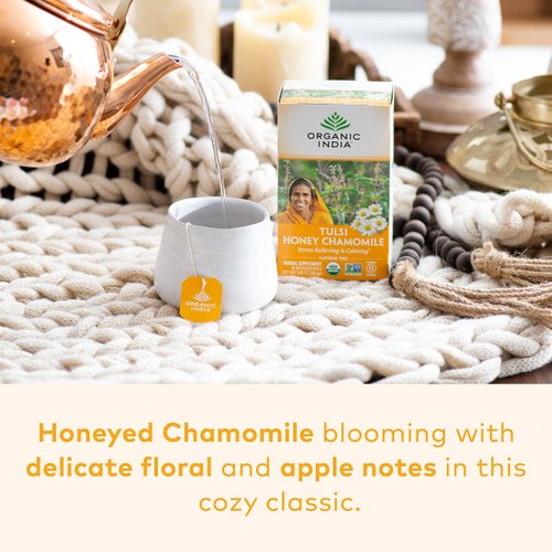 Organic India Tulsi Honey Chamomile Herbal Tea - Stress Relieving & Calming, Immune Support, Adaptogen, Vegan, Gluten-Free, USDA Certified Organic, Caffeine-Free - 18 Infusion Bags, 1 Pack
