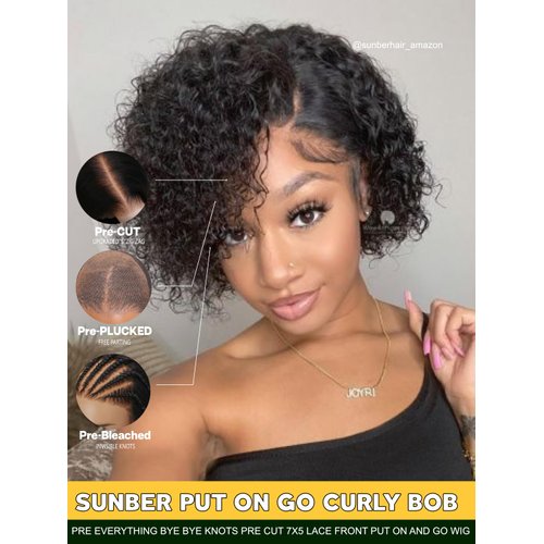 Sunber Bye Bye Knots Curly Human Hair Glueless Short Bob Curly Wigs Human Hair Pre Plucked Curly BOB Wig Pre Cut Lace 7x5 HD Lace Closure Wigs Pre Bleached Invisible Knots Put on Go Bob Wig 10Inch