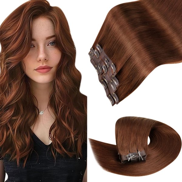 LaaVoo Seamless Clip in Hair Extensions Human Hair Auburn 22 Inch Clip in Hair Extensions PU Weft Invisible Seamless Clip in Hair Extensions Real Human Hair Full Head 7pcs/140g