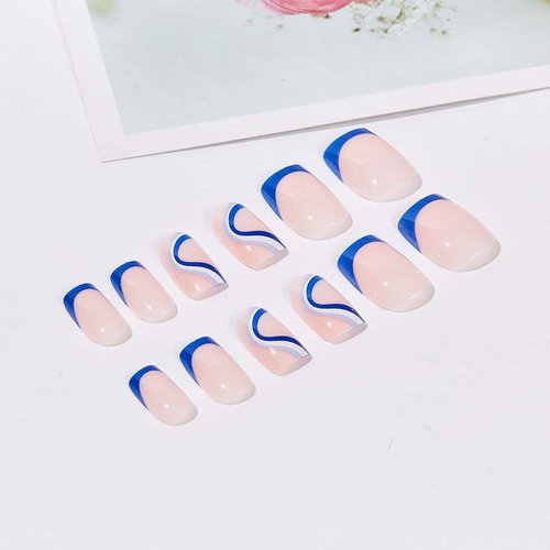 RikView Medium Length Press on Nails with Swirls Design Blue Nails Square Fake Nails for Women and Girls