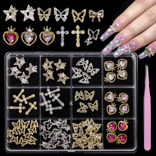 66Pcs Silver Gold Butterfly Heart Bow Nail Gems Charms Kit 3D Cross Star Nail Art Jewelry Alloy Rhinestones Gems Charms for Nail Art DIY Jewel Accessories
