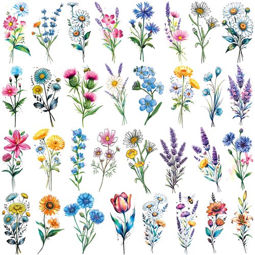 Tazimi 20 Sheets 3D Watercolor Flowers Temporary Tattoos For Women Girls Lily Daisy Lavender Dandelion Rose Tiny Floral Tattoos Sticker Realistic Long Lasting Fake Tattoo Stickers