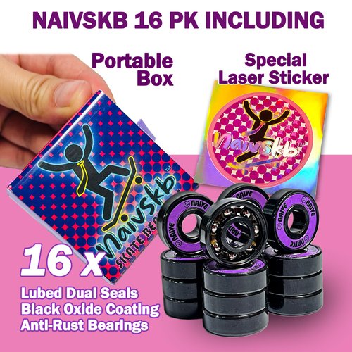 Naivskb Skate Bearings 16 Pack, Precision 8mm ABEC 608 Roller Skate Bearings Quad Skates Inline Speed Roller Derby Skateboard Scooter (Neon Purple)