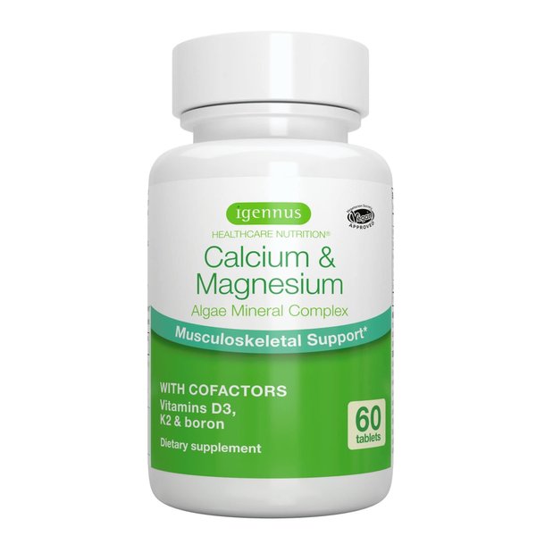 High Absorption Algae Calcium & Magnesium Supplement, Plant Based, K2 & D3, Non-GMO Red Algae Mineral Complex for Bone & Teeth Support, with Boron, Vegan, 60 Tablets, by Igennus