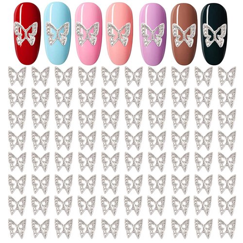 WOKOTO 100pcs Silver Butterfly Nail Charms For Acrylic Nails Butterfly Jewelrys 3d Nail Charms Nail Jewelry For Acrylic Nails Art 3d Butterfly Charms Silver Nail Studs Charms For Nails Designs