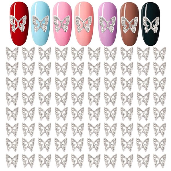 WOKOTO 100pcs Silver Butterfly Nail Charms For Acrylic Nails Butterfly Jewelrys 3d Nail Charms Nail Jewelry For Acrylic Nails Art 3d Butterfly Charms Silver Nail Studs Charms For Nails Designs
