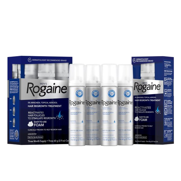 Men's Rogaine 5% Minoxidil Foam for Hair Regrowth, Topical Hair Loss Treatment to Regrow Fuller, Thicker Hair, Unscented, 4-Month Supply, 4 x 2.11 oz
