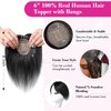 REECHO Human Hair Toppers, 6 Inch Hair Toppers for Thin Hair, Topper Hair Pieces with Bangs Real Human Hair, Clip In Wig Hair Topper Top Hair Extensions - Natural Black