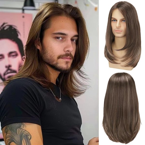 Sabosi Mens Wig Long Brown Straight Wig for Men Middle Part Synthetic Heat Resistant Hair Wigs for Daily Party Costume Halloween
