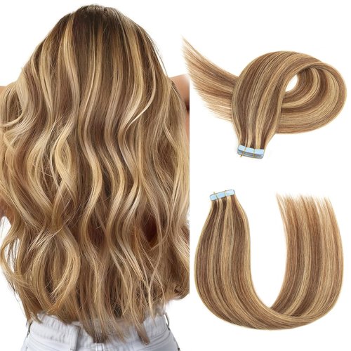 TANJET Hair Extensions Real Human Hair Tape in Straight Medium Brown with Dark Blonde 14 Inch Invisible Ombre Seamless Skin Weft Tape in Hair Extensions Human Hair (#P4/27 14 Inch 20pcs 40g/Pack)