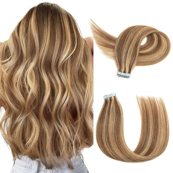 TANJET Hair Extensions Real Human Hair Tape in Straight Medium Brown with Dark Blonde 14 Inch Invisible Ombre Seamless Skin Weft Tape in Hair Extensions Human Hair (#P4/27 14 Inch 20pcs 40g/Pack)