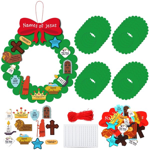 Qilery 24 Sets 10.63 Inch Christmas Names of Jesus Wreath Craft Kit DIY Christmas Nativity Wreath Religious Christmas Crafts for Kids Art Crafts Holiday Classroom Home Activities
