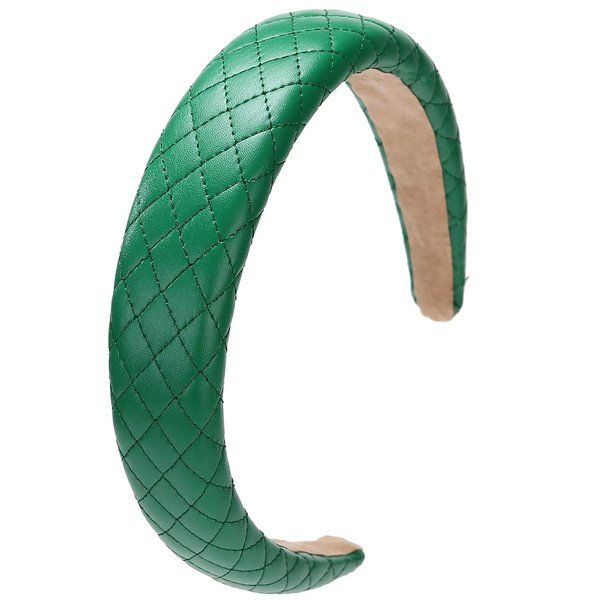 LONEEDY 1.7-Inch-Wide Headband Leather Checkered Pattern Padded Headband Hard Headband Hairband for Women and Girls Thick Hair (Green)