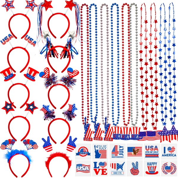 Garma 92Pcs Patriotic Party Favors Set, 4th of July Accesories Headbands Bulk with Bead Necklaces Tattoo Stickers for Independence Day, Memorial Day Celebrations, Parades, Classroom Rewards for Kids