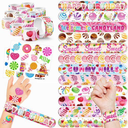 Cherisnowy 48 PCS Candyland Party Favors 24PCS Tattoos Stickers 24PCS Slap Bracelets Wristbands Perfect for Themed Birthday Baby Showers or Classroom Rewards Ideal Decor and Gifts for Girls and Boys