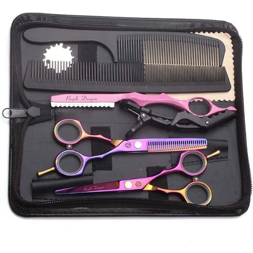 5.5 inch Purple Hair Cutting Scissors Set with Razor, Leather Scissors Case, Barber Hair Cutting Shears Hair Thinning/Texturizing Shears for Professional Hairdresser or Home Use (Multi-colored)