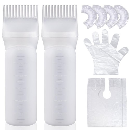 Wowang Root Comb Applicator Bottle 6 Ounce 2 Pack 12-tooth Comb Leak proof Hair Dye Brush Hair Color Applicator Bottle with Graduated Scale(White)