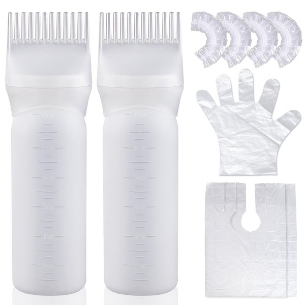 Wowang Root Comb Applicator Bottle 6 Ounce 2 Pack 12-tooth Comb Leak proof Hair Dye Brush Hair Color Applicator Bottle with Graduated Scale(White)