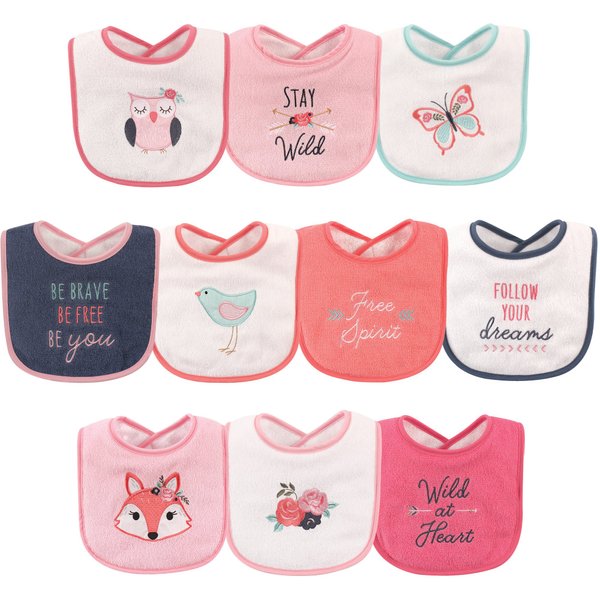Hudson Baby Unisex Baby Cotton Terry Drooler Bibs with Fiber Filling, Girl Fox, One Size