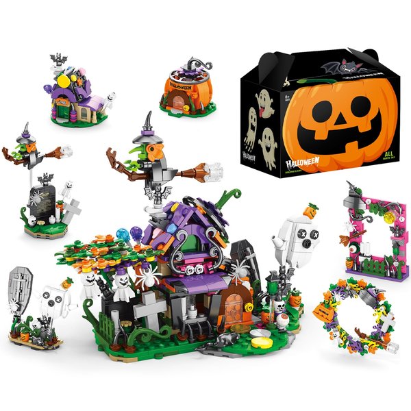 Halloween Party Favors Toys for Kids, Halloween Haunted House 6 in 1 Building Blocks Set Gift 603 PCS,Halloween Toys Mini Cute Bricks 6 Pcs Gift Box Fillers Classroom Prizes for Boys or Girls 6+