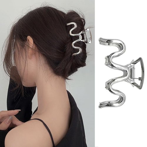 JATOMSSM Hair Claw Clips Metal Sliver Hair Clips for Thick Hair Small Wave Design Claw Clips for Girls Summer Hair Accessories No Slips Hair Jaw Clips Elegant Hair Grip Clips for Women 1 Pack