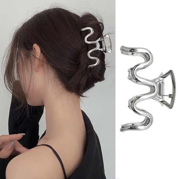 JATOMSSM Hair Claw Clips Metal Sliver Hair Clips for Thick Hair Small Wave Design Claw Clips for Girls Summer Hair Accessories No Slips Hair Jaw Clips Elegant Hair Grip Clips for Women 1 Pack