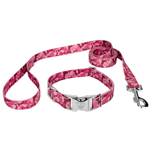 Country Brook Design® Pink Bone Camo Premium Dog Collar & Matching Leash Set - Military and Camo Collection with 16 Rugged Designs (1 Inch, Medium)