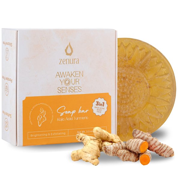 ZENURA Turmeric Soap Bar Kojic Acid 3-in-1 Face, Body & Back Brightening and Exfoliating Bar with Natural Coconut Oil, Deep Cleansing for All Skin Types
