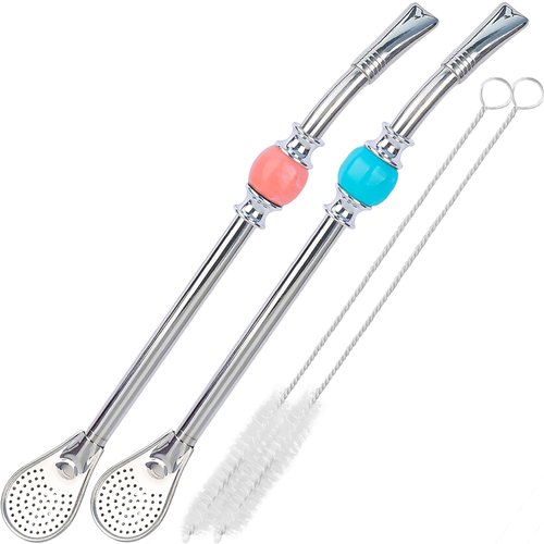 Premium Yerba Mate Straws - Reusable Stainless Steel Bombilla with Colorful Beads - Set for Mate Gourd Drinking, Removable Head Filter (Pink and Blue)