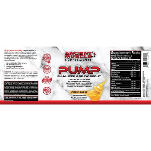 Ancient Muscle Pump Pre Workout Supplement with Citrulline Malate, Beta Alanine, Alpha GPC - Enhanced Pump Supplement Improves Energy, Focus & Absorption - Citrus Burst Protein Powder