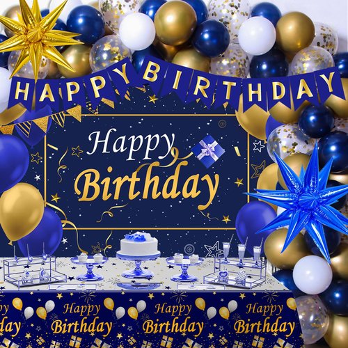 Gold and Blue Birthday Decorations for Men Boys Women Girls, 80pcs Blue and Gold Party Decorations Happy Birthday Backdrop Banner White Confetti Star Blue Gold Balloons Arch Tablecloth Party Supplies