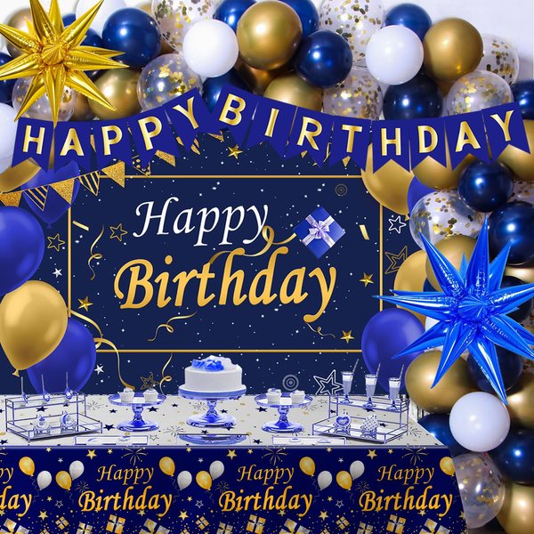 Gold and Blue Birthday Decorations for Men Boys Women Girls, 80pcs Blue and Gold Party Decorations Happy Birthday Backdrop Banner White Confetti Star Blue Gold Balloons Arch Tablecloth Party Supplies