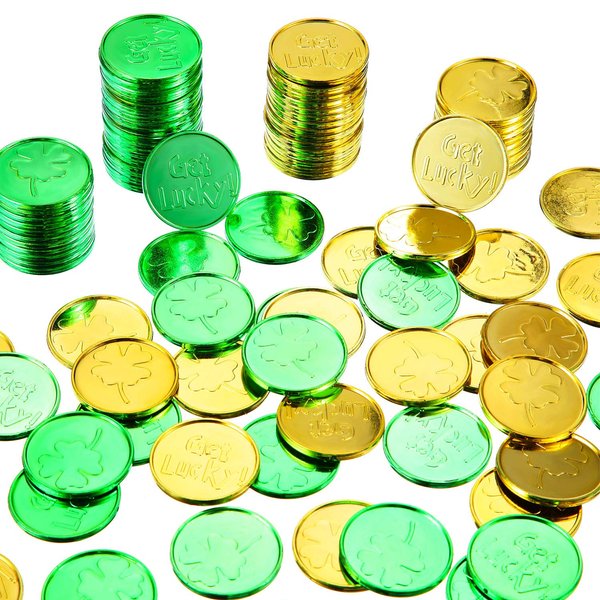 Boao 120 Pieces St. Patrick's Day Coins Shamrock Luck Coins Green and Gold Coins Irish Four Leaf Clover Coins for St. Patrick's Day Party Favor Supplies