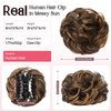 HOOJIH Messy Bun Hair Piece Human Hair, Claw Clip in Hair Bun Extension Short Ponytail Extension Real Human Hair Wavy Curly Updo Hairpieces for Women - Dark Beige Brown with Copper Golden Highlights