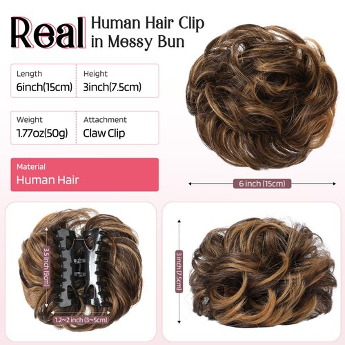 HOOJIH Messy Bun Hair Piece Human Hair, Claw Clip in Hair Bun Extension Short Ponytail Extension Real Human Hair Wavy Curly Updo Hairpieces for Women - Dark Beige Brown with Copper Golden Highlights
