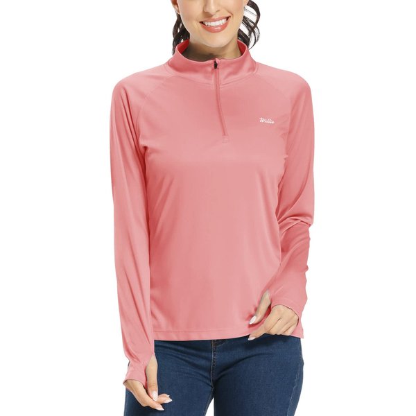 Willit Women's UPF 50+ Sun Protection Shirt SPF Long Sleeve Lightweight Half-Zip Golf Outdoor Shirt Quick Dry Rash Guard Pink M