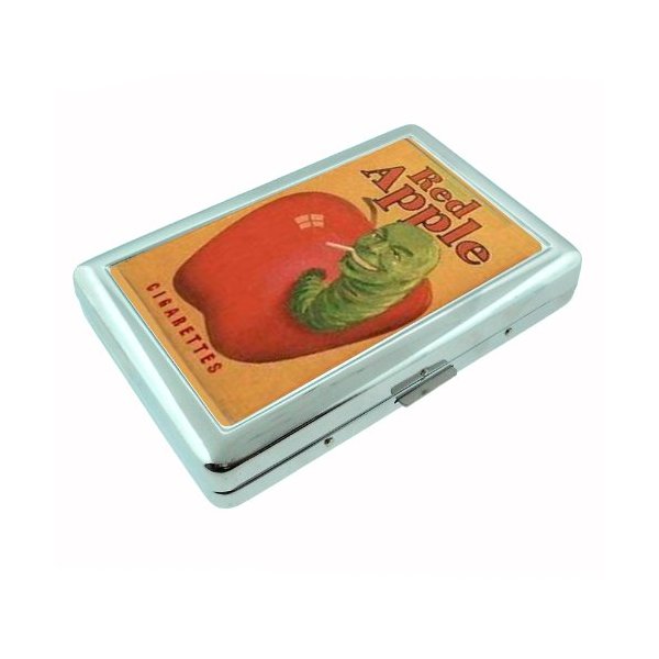 Red Apple Cigarette Green Worm Metal Silver Cigarette Case Holder Box D-021