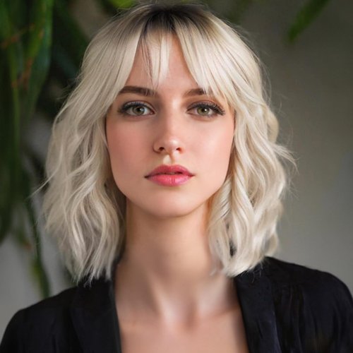 MINLEE Platinum Blonde Wig with Bangs for Women 14 Inch Short Bob Wavy Curly Wig Ombre Blonde Hair Wigs Heat Resistant Synthetic Wigs