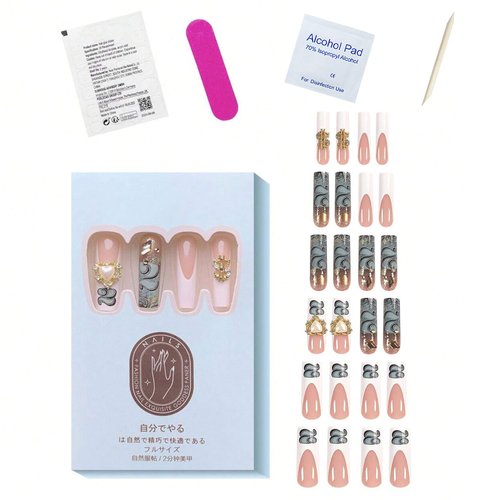 White French Tip Press on Nails Long Square Fake Nails Gold Rhinestone Coffin False Nails with Designs Dollar Money Nails Press on Acrylic Nails Glossy 3D Heart Glue on Nails for Women and Girls 24Pcs