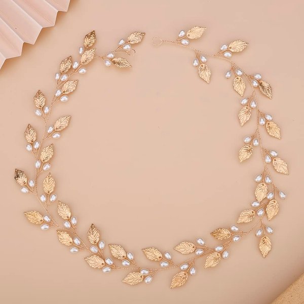 Teyglen Leaf Pearls Long Headband Hair Vine Handmade Bridal Leaves Headband Wedding Hair Accessories for Brides Hair Pieces Rose Gold Flower Girl Headpieces for Women (60cm Gold)